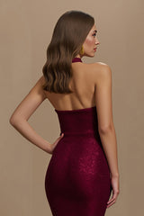 Glitzerndes Burgunderrotes Neckholder Meerjungfrau Langes Partykleid