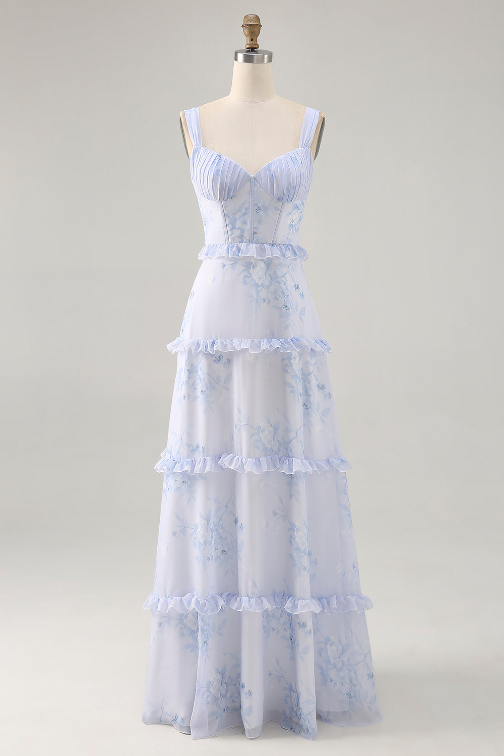 Blaue Blume Bedrucktes Langes Hochzeitsgastkleid mit Rüschen