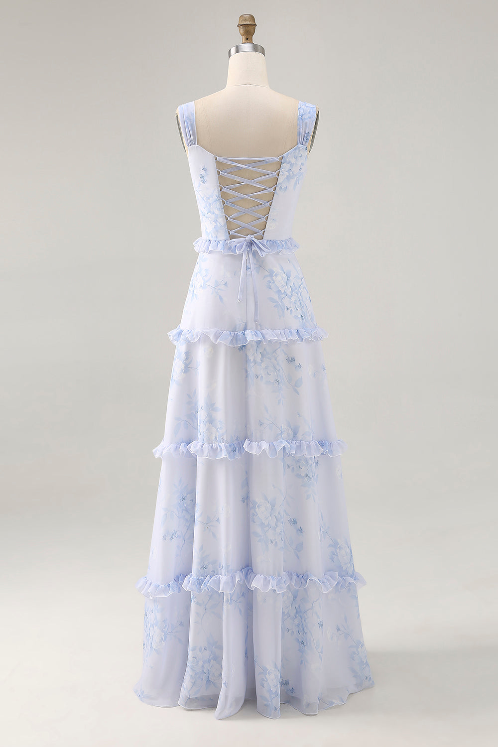 Blaue Blume Bedrucktes Langes Hochzeitsgastkleid mit Rüschen