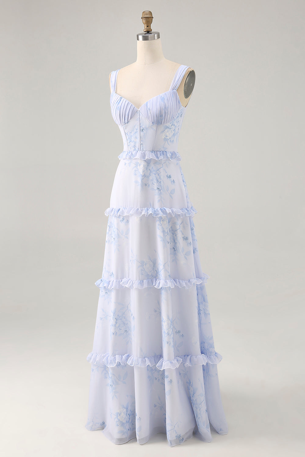 Blaue Blume Bedrucktes Langes Hochzeitsgastkleid mit Rüschen