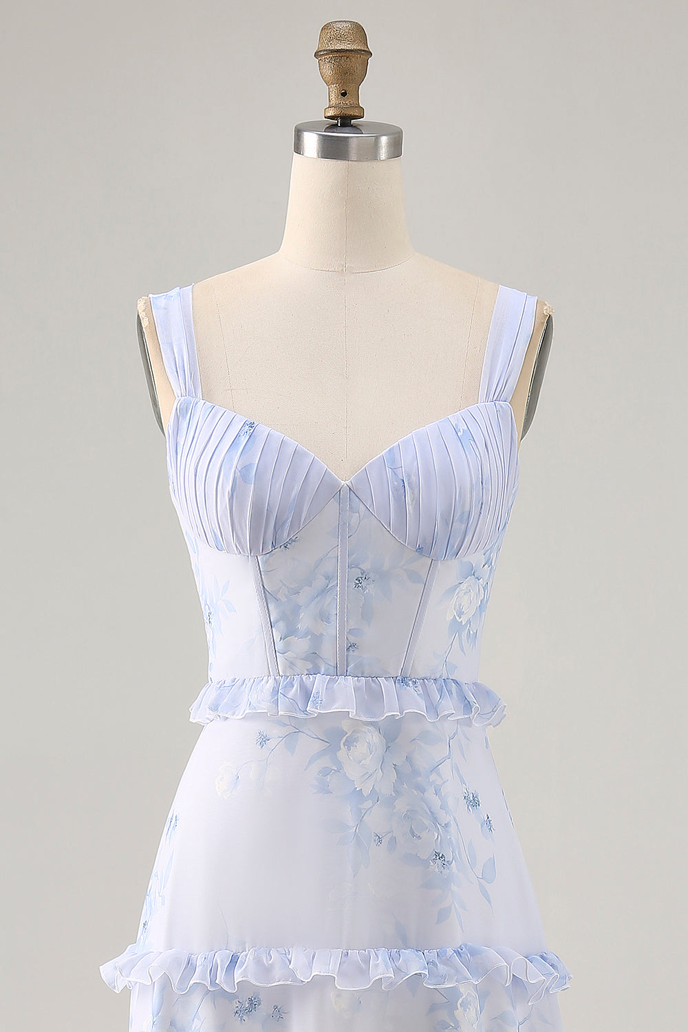 Blaue Blume Bedrucktes Langes Hochzeitsgastkleid mit Rüschen