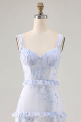 Blaue Blume Bedrucktes Langes Hochzeitsgastkleid mit Rüschen