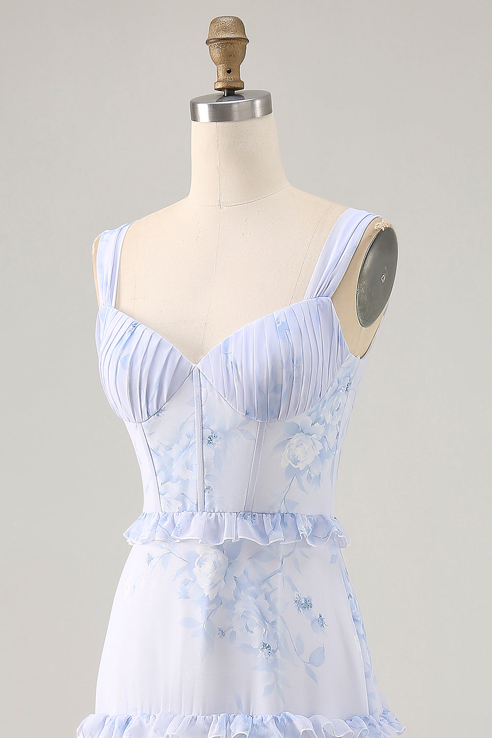 Blaue Blume Bedrucktes Langes Hochzeitsgastkleid mit Rüschen