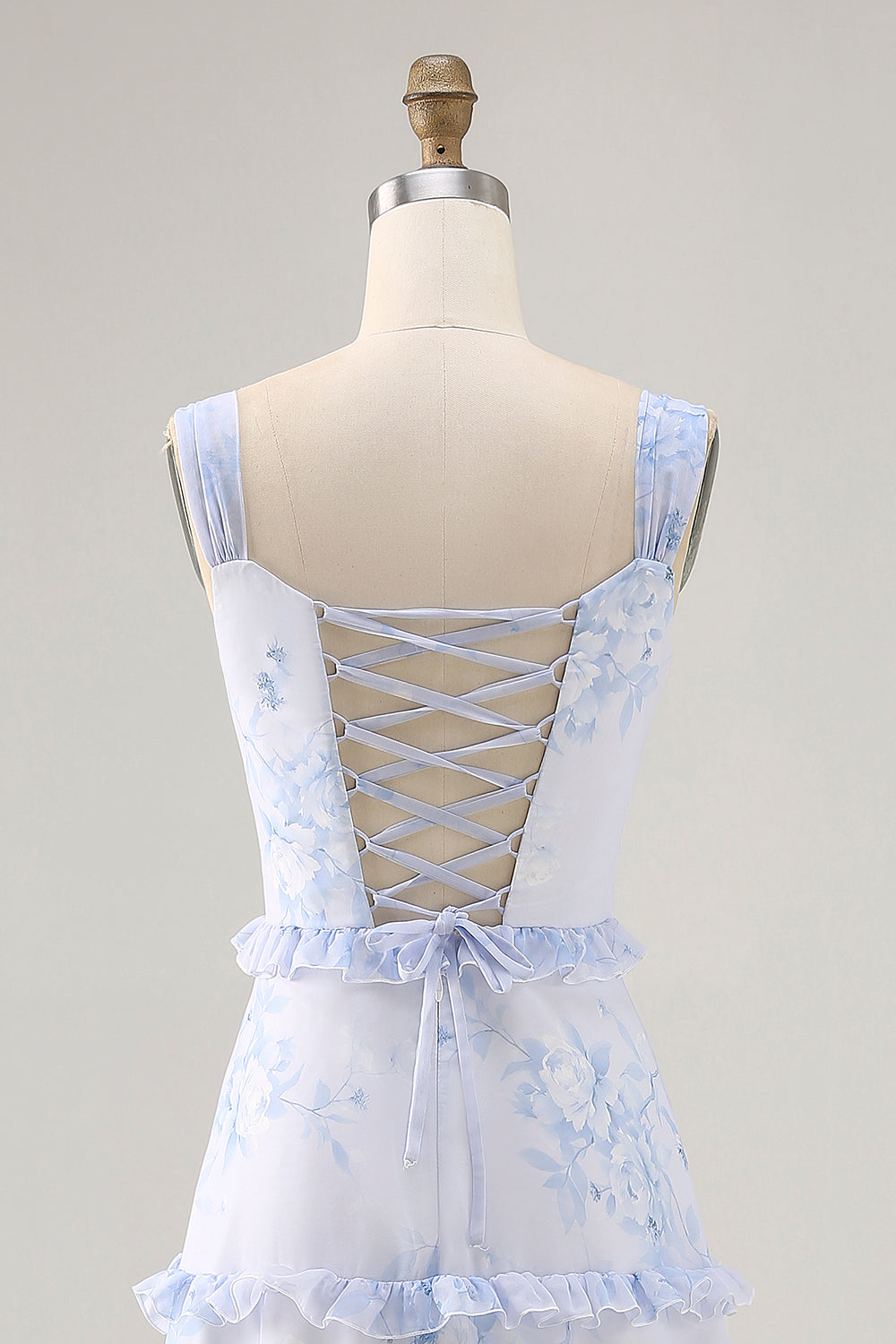 Blaue Blume Bedrucktes Langes Hochzeitsgastkleid mit Rüschen