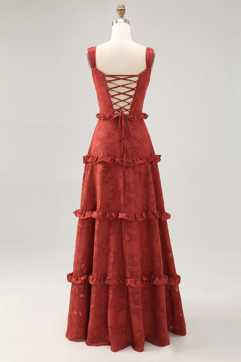 Florales Terrakotta Rüschen kleid für Hochzeitsgäste in A-Linie