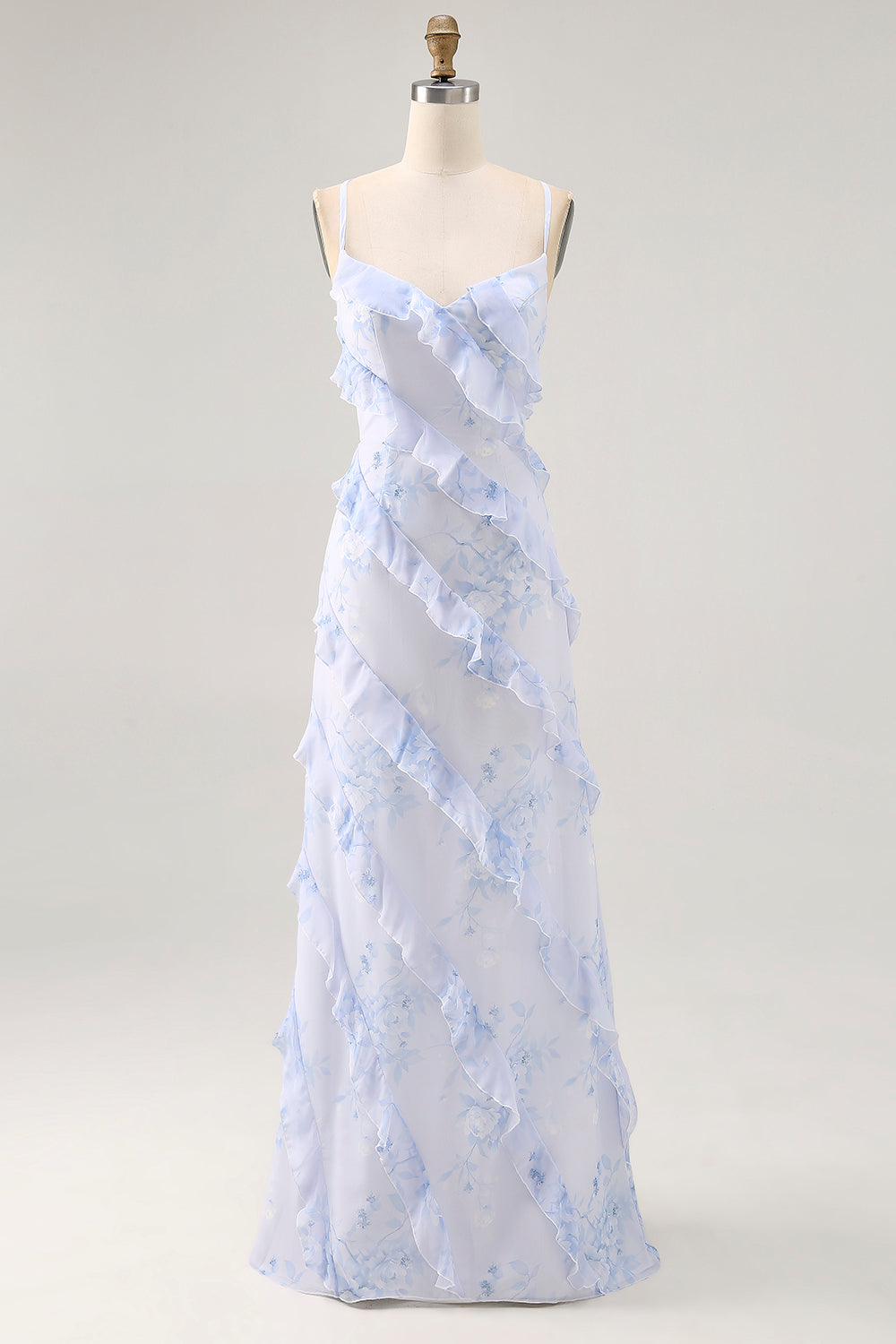 Blaue Blume Spaghettiträger Bedrucktes Hochzeitsgastkleid mit Rüschen