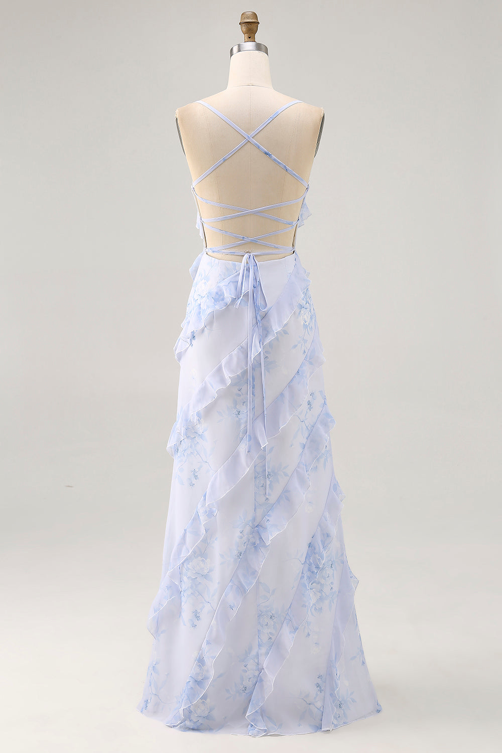 Blaue Blume Spaghettiträger Bedrucktes Hochzeitsgastkleid mit Rüschen