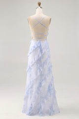Blaue Blume Spaghettiträger Bedrucktes Hochzeitsgastkleid mit Rüschen