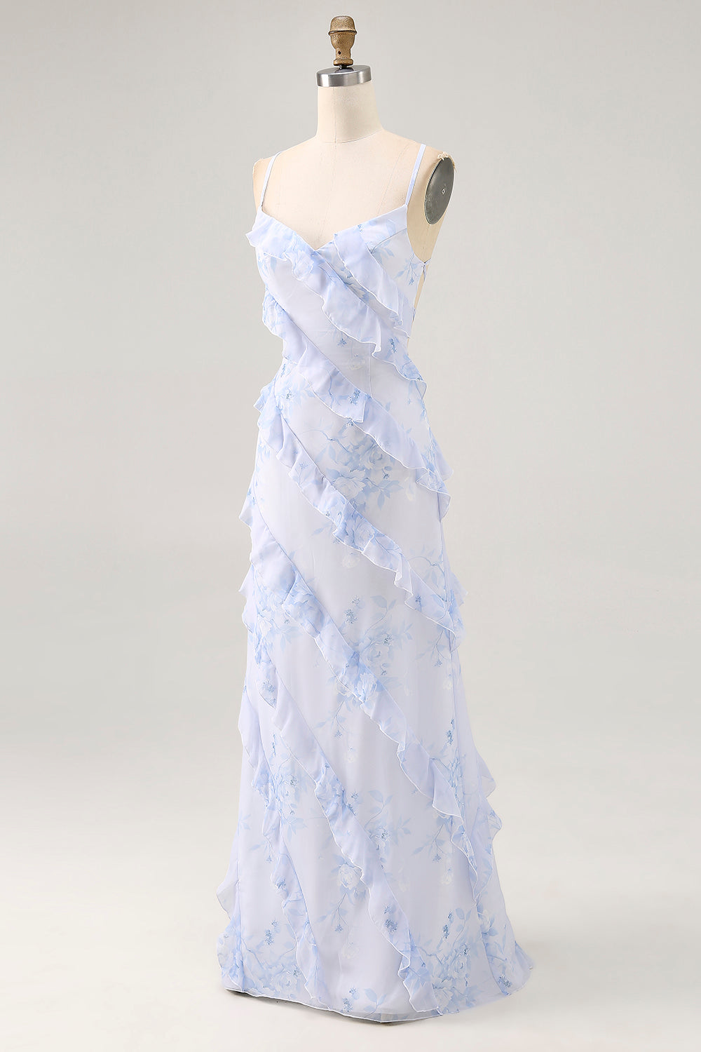 Blaue Blume Spaghettiträger Bedrucktes Hochzeitsgastkleid mit Rüschen
