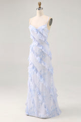 Blaue Blume Spaghettiträger Bedrucktes Hochzeitsgastkleid mit Rüschen