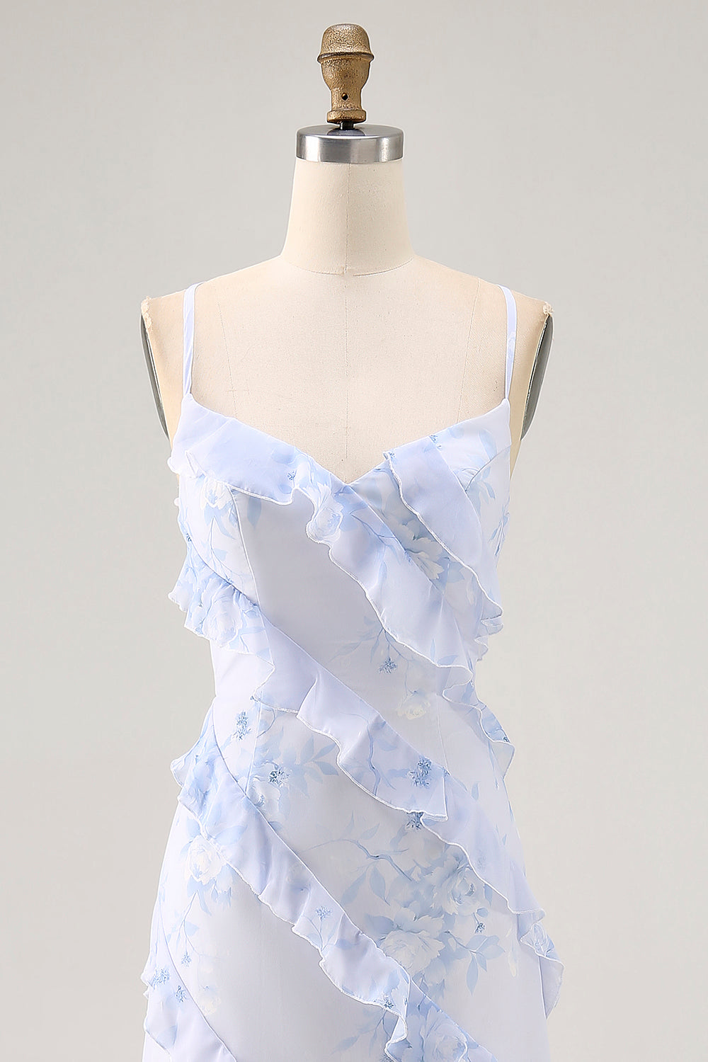 Blaue Blume Spaghettiträger Bedrucktes Hochzeitsgastkleid mit Rüschen