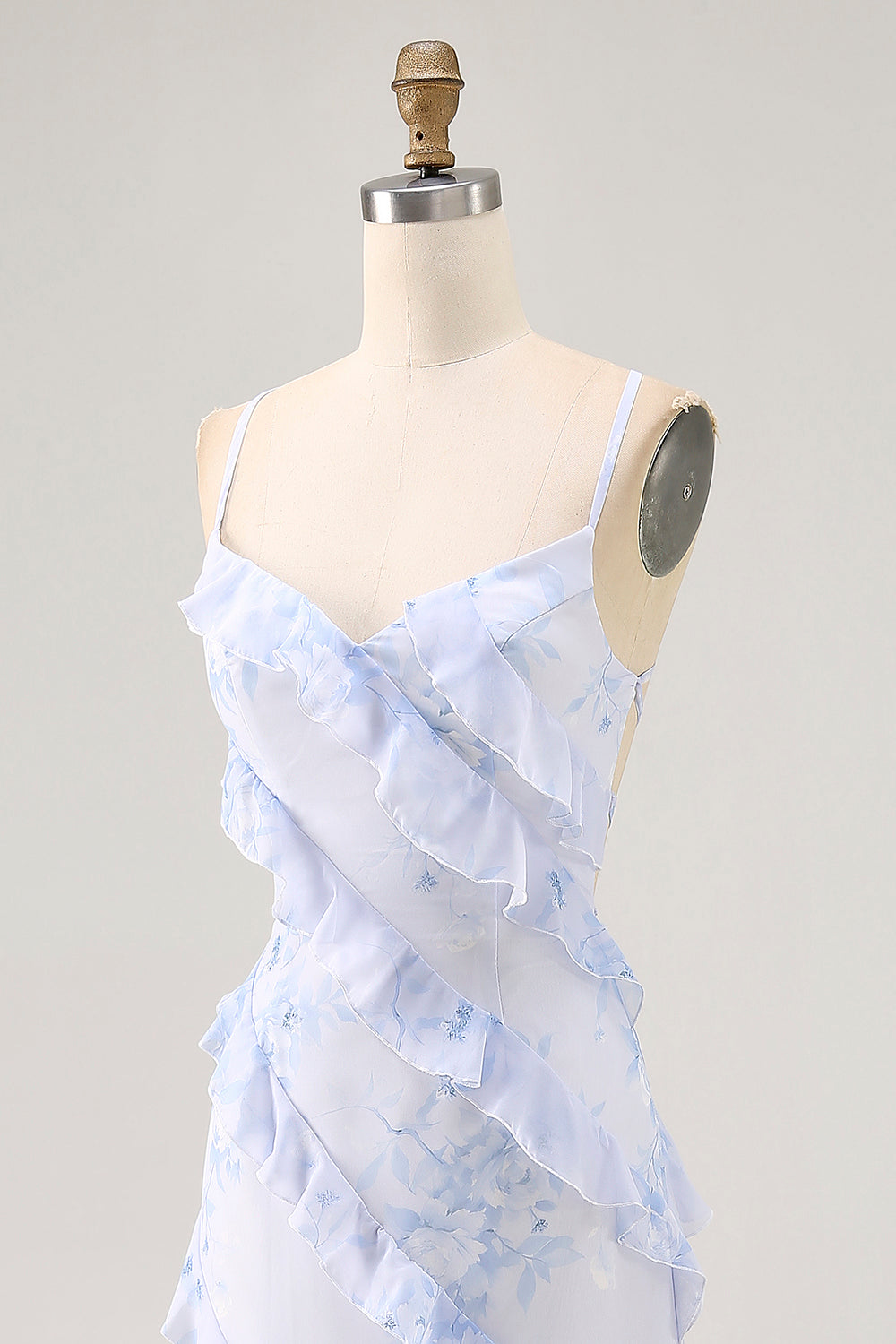 Blaue Blume Spaghettiträger Bedrucktes Hochzeitsgastkleid mit Rüschen