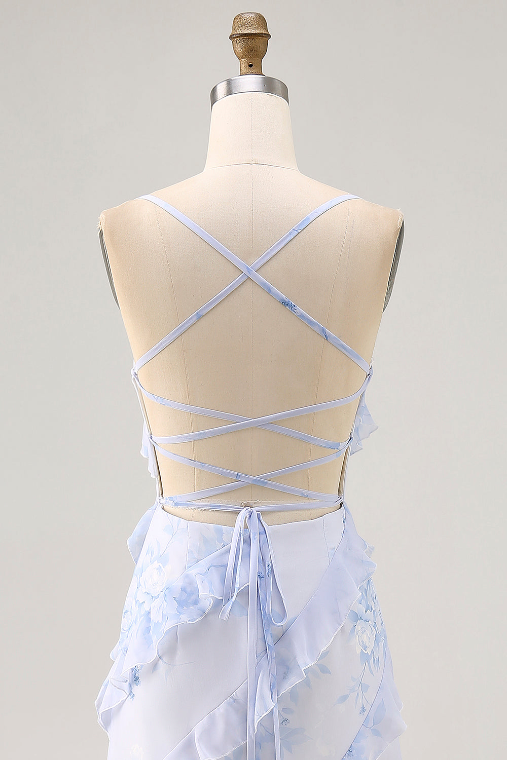 Blaue Blume Spaghettiträger Bedrucktes Hochzeitsgastkleid mit Rüschen
