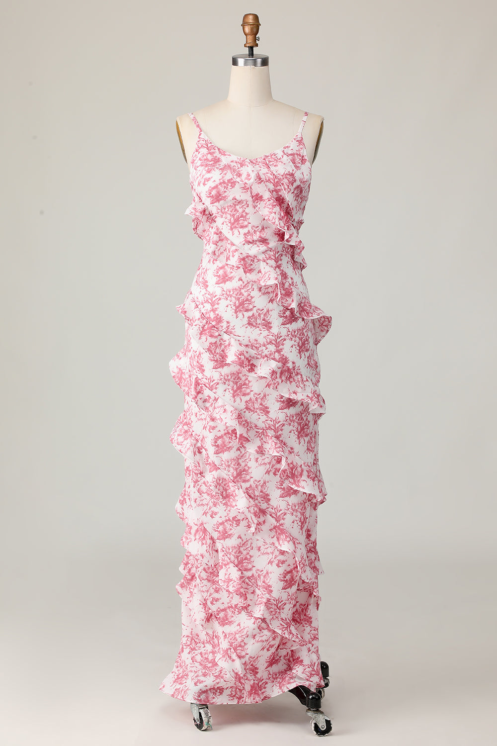 Blush Blume Etui Spaghettiträger Rüschen Langes Hochzeitsgastkleid mit Schlitz