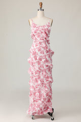 Blush Blume Etui Spaghettiträger Rüschen Langes Hochzeitsgastkleid mit Schlitz