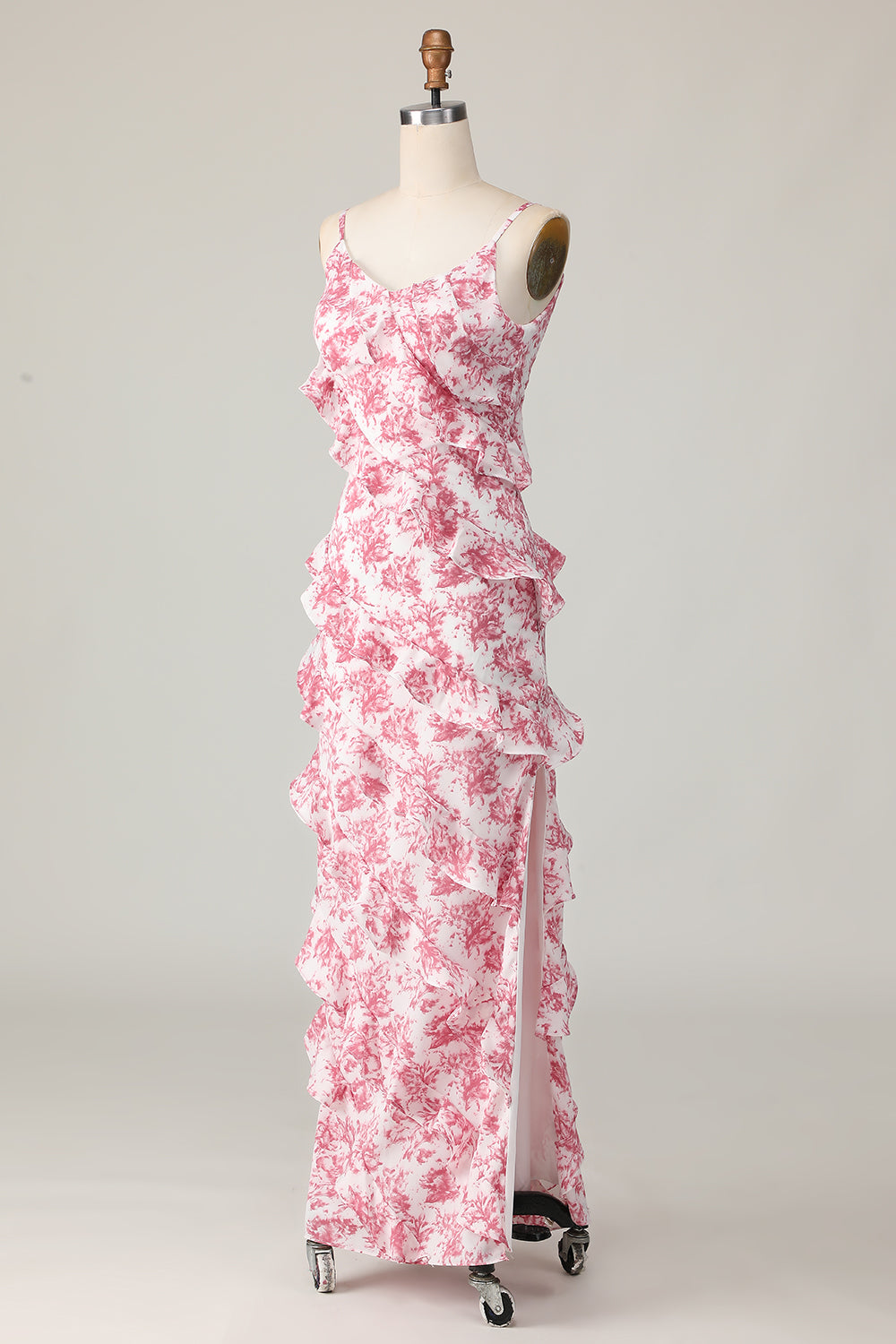 Blush Blume Etui Spaghettiträger Rüschen Langes Hochzeitsgastkleid mit Schlitz