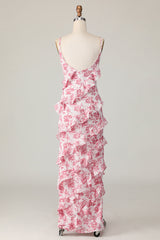 Blush Blume Etui Spaghettiträger Rüschen Langes Hochzeitsgastkleid mit Schlitz