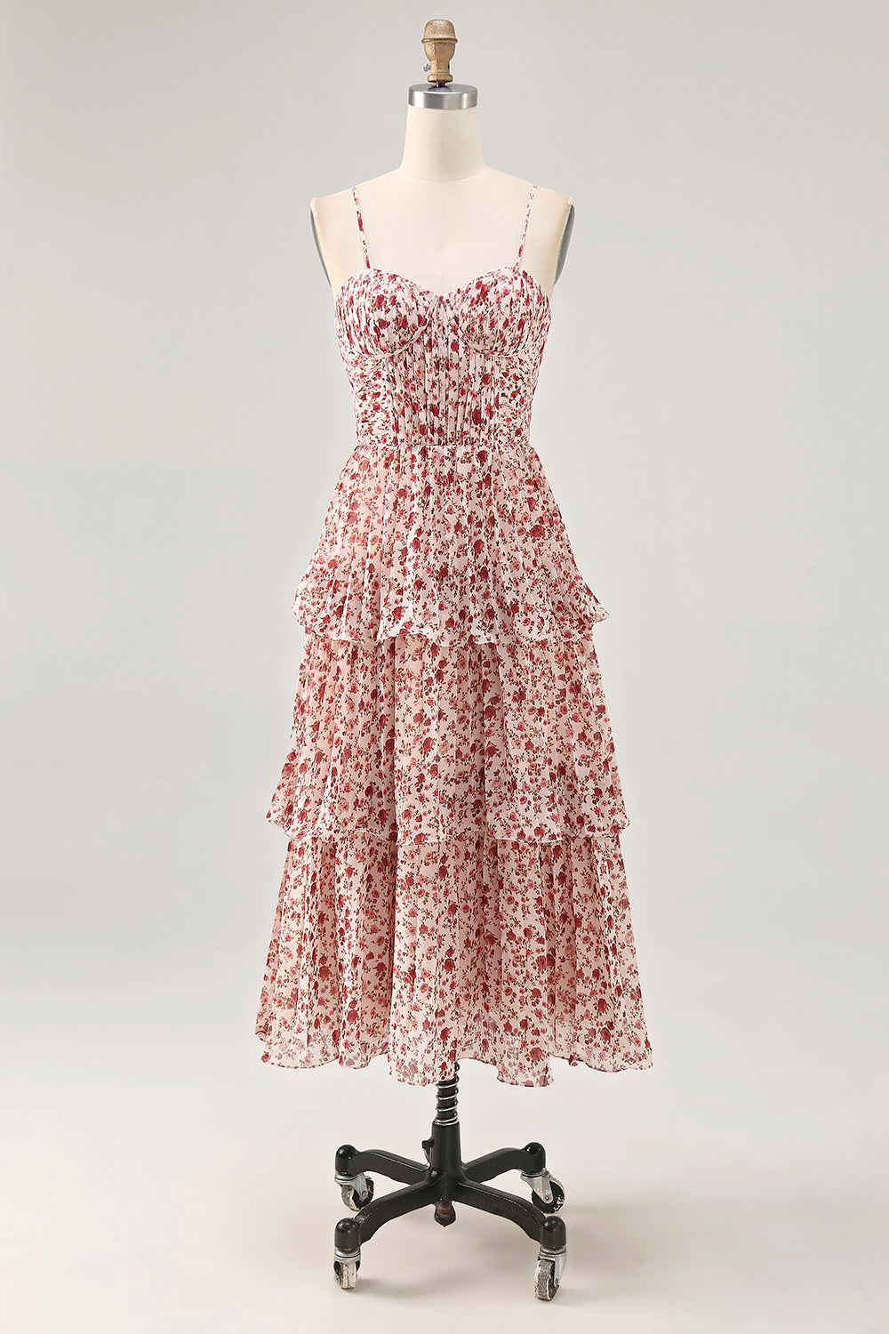 Blush Blumen A Linie Spaghettiträger Bedrucktes Gestuftes Hochzeitsgastkleid