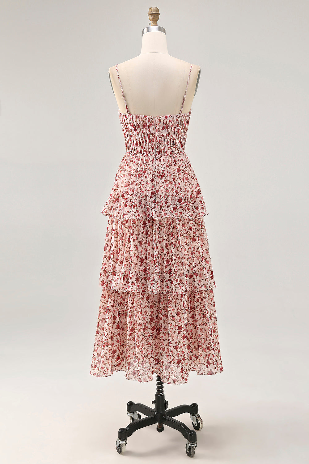 Blush Blumen A Linie Spaghettiträger Bedrucktes Gestuftes Hochzeitsgastkleid