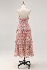 Blush Blumen A Linie Spaghettiträger Bedrucktes Gestuftes Hochzeitsgastkleid