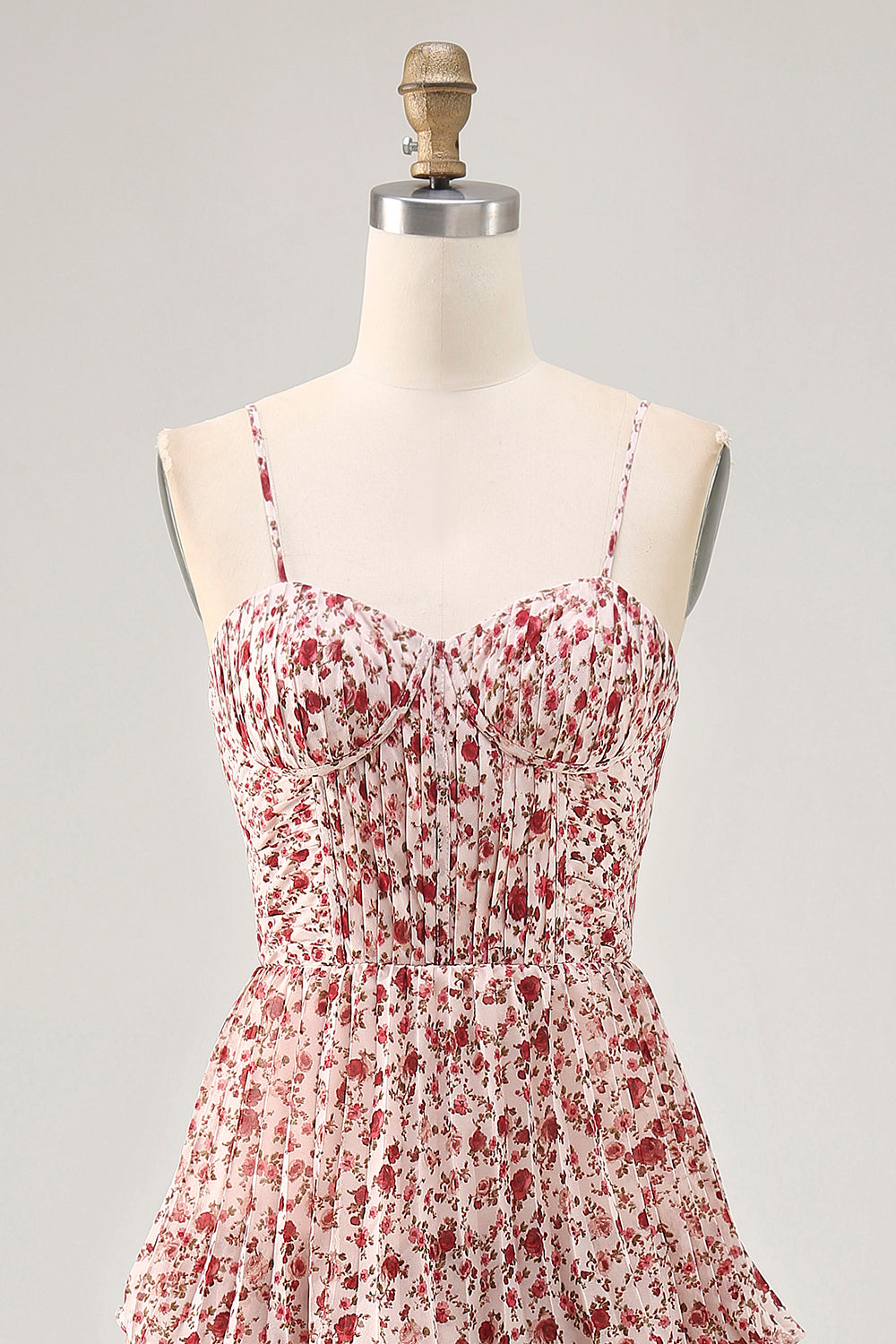 Blush Blumen A Linie Spaghettiträger Bedrucktes Gestuftes Hochzeitsgastkleid