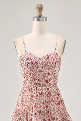 Blush Blumen A Linie Spaghettiträger Bedrucktes Gestuftes Hochzeitsgastkleid
