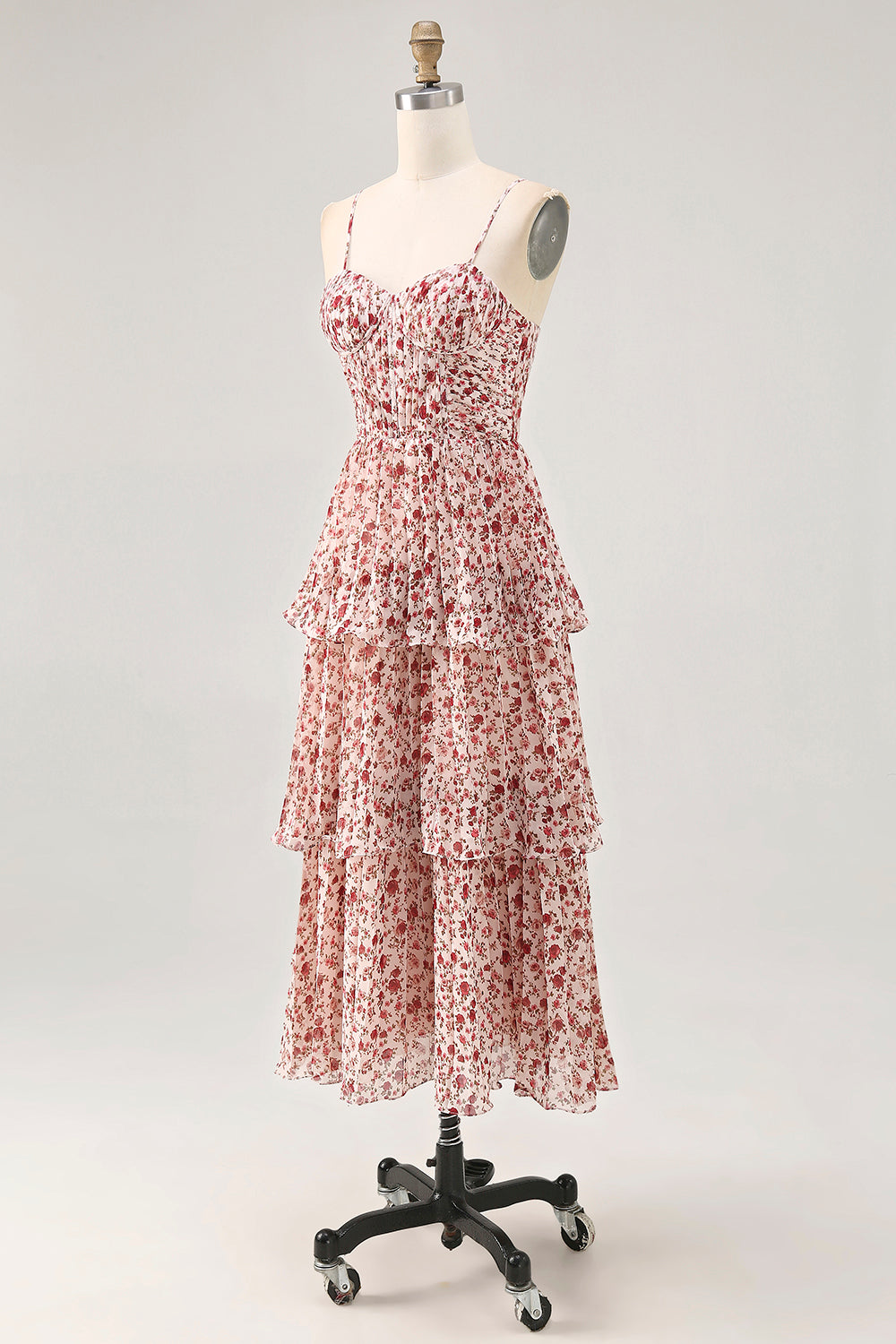 Blush Blumen A Linie Spaghettiträger Bedrucktes Gestuftes Hochzeitsgastkleid