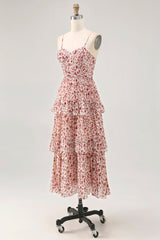 Blush Blumen A Linie Spaghettiträger Bedrucktes Gestuftes Hochzeitsgastkleid