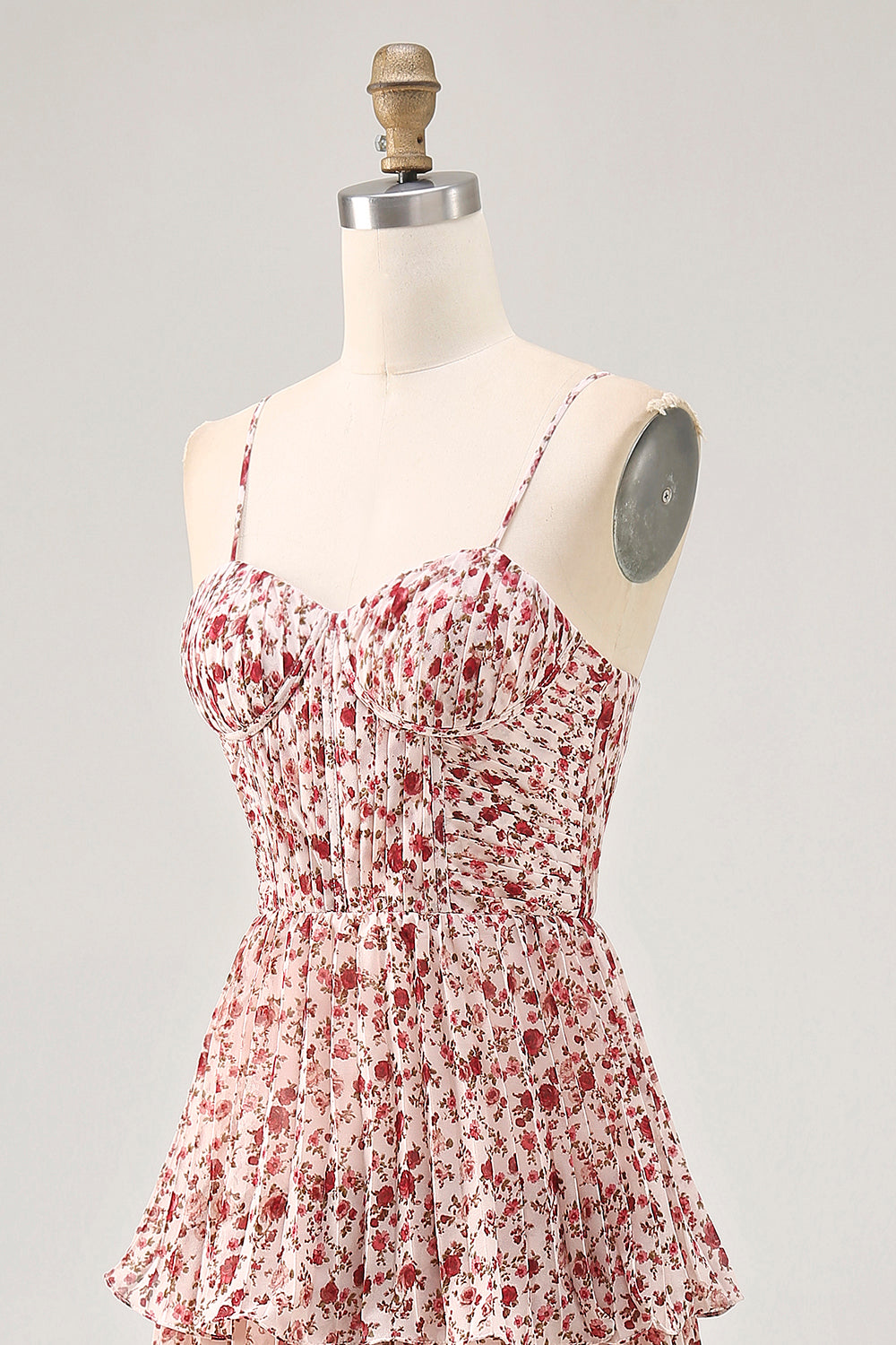 Blush Blumen A Linie Spaghettiträger Bedrucktes Gestuftes Hochzeitsgastkleid