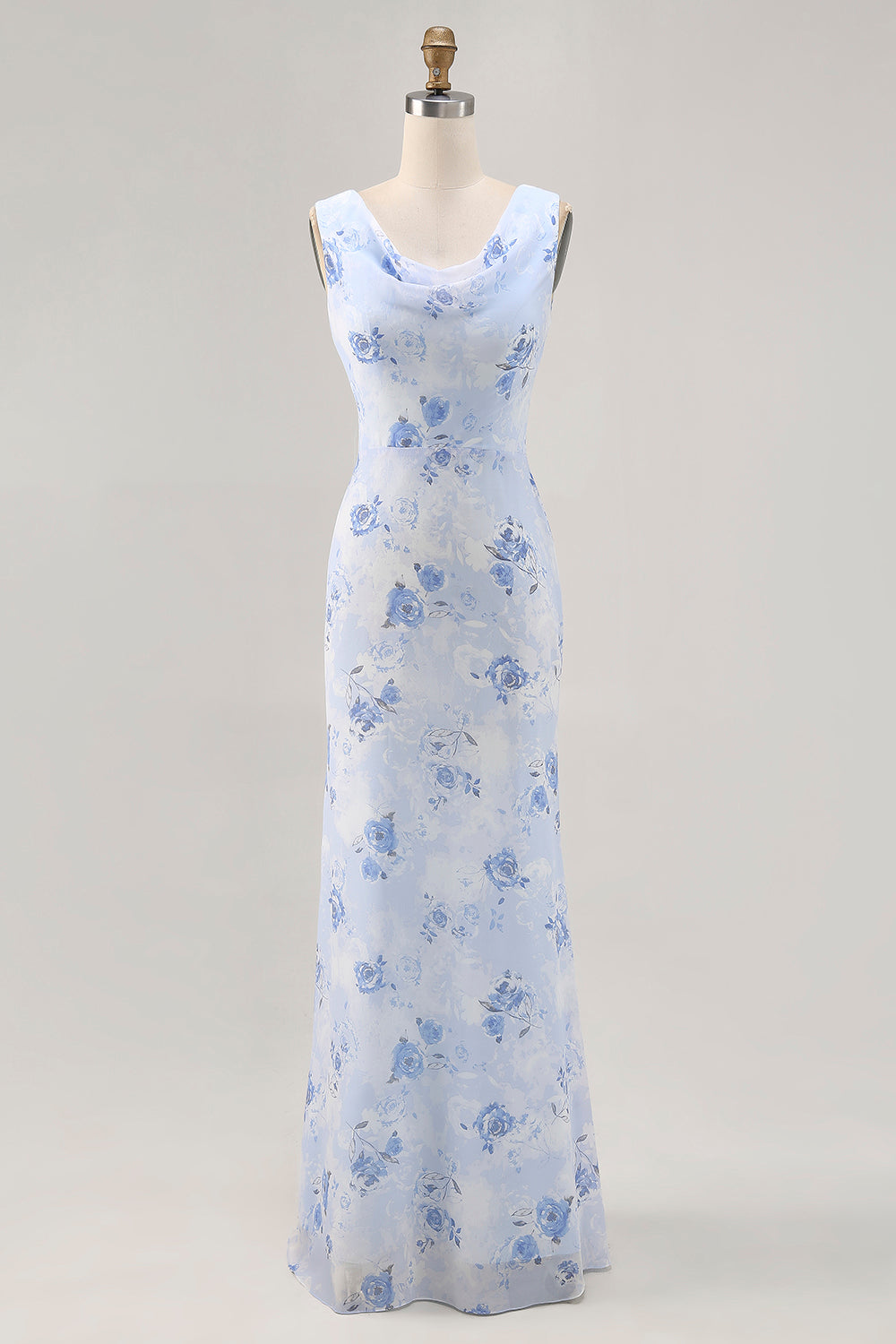 Blaues Blume Wasserfall Ausschnitt Etui Langes Hochzeitsgastkleid
