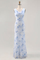 Blaues Blume Wasserfall Ausschnitt Etui Langes Hochzeitsgastkleid