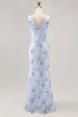 Blaues Blume Wasserfall Ausschnitt Etui Langes Hochzeitsgastkleid