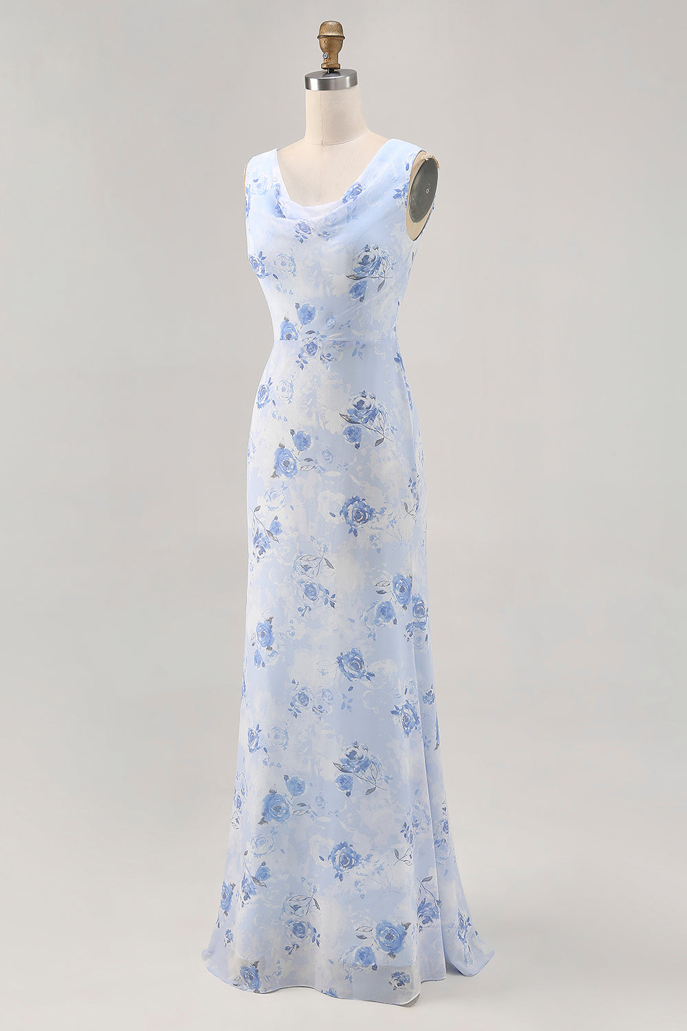Blaues Blume Wasserfall Ausschnitt Etui Langes Hochzeitsgastkleid