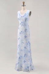Blaues Blume Wasserfall Ausschnitt Etui Langes Hochzeitsgastkleid