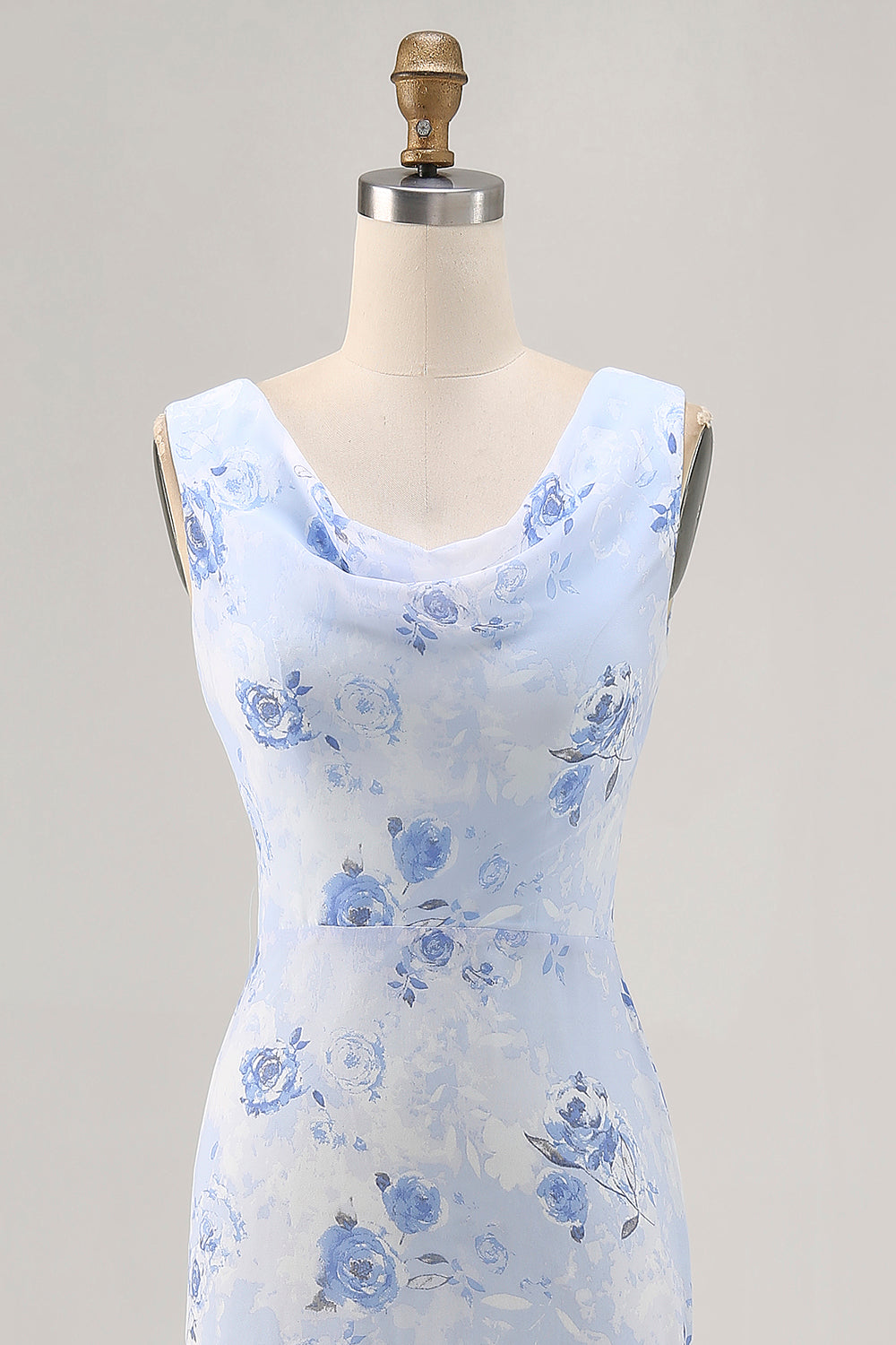 Blaues Blume Wasserfall Ausschnitt Etui Langes Hochzeitsgastkleid