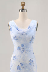 Blaues Blume Wasserfall Ausschnitt Etui Langes Hochzeitsgastkleid