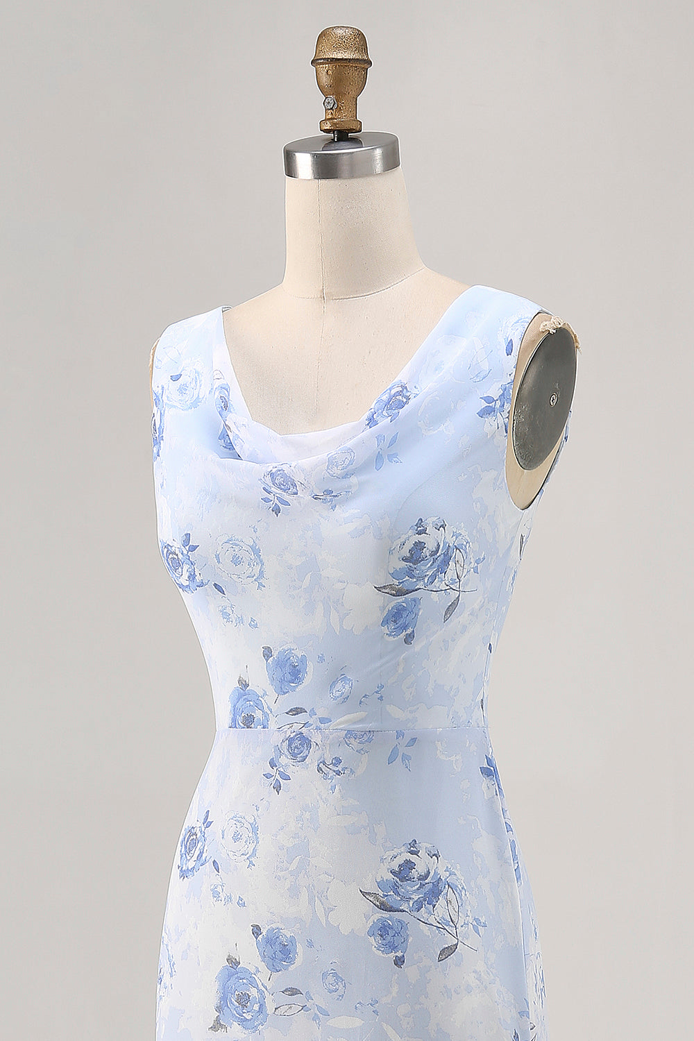 Blaues Blume Wasserfall Ausschnitt Etui Langes Hochzeitsgastkleid