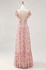 Blush Blumen Druck Rüschen A Linie Hochzeitsgastkleid mit Schlitz