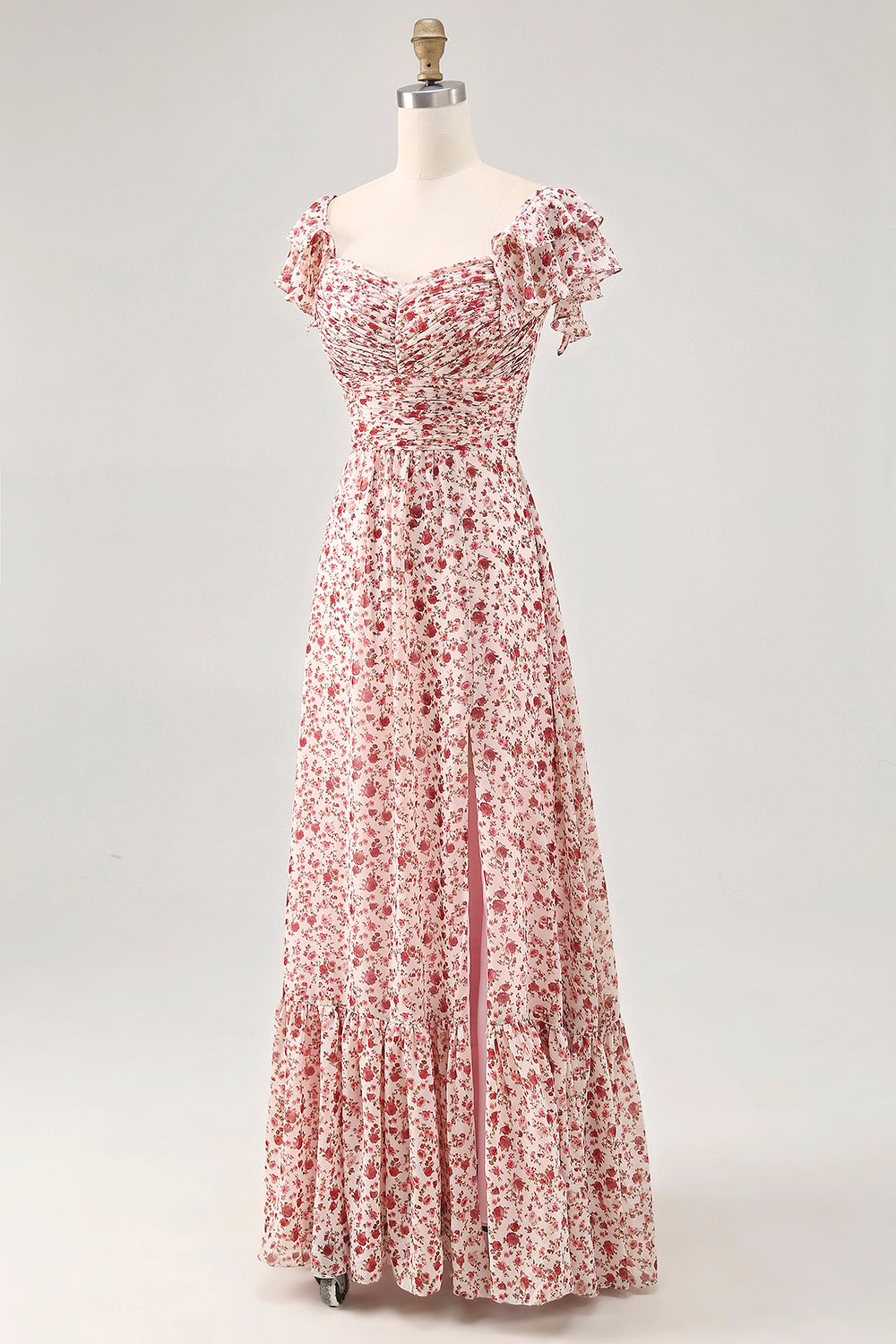 Blush Blumen Druck Rüschen A Linie Hochzeitsgastkleid mit Schlitz