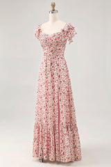 Blush Blumen Druck Rüschen A Linie Hochzeitsgastkleid mit Schlitz