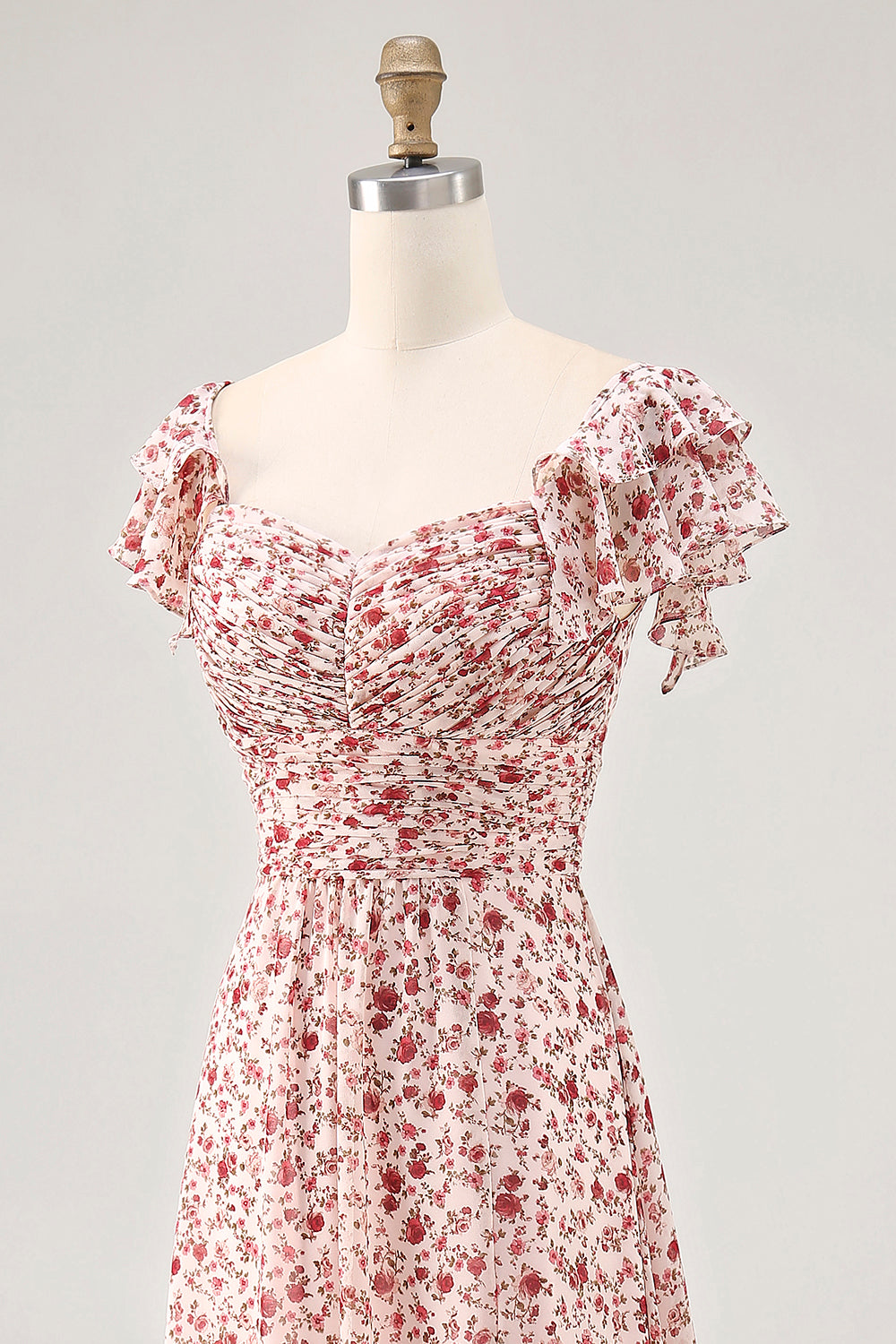 Blush Blumen Druck Rüschen A Linie Hochzeitsgastkleid mit Schlitz