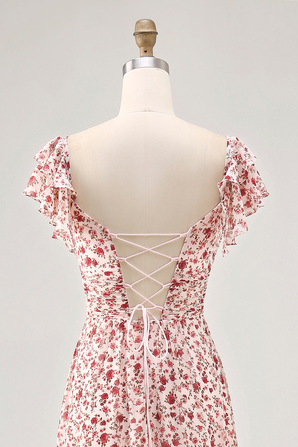 Blush Blumen Druck Rüschen A Linie Hochzeitsgastkleid mit Schlitz