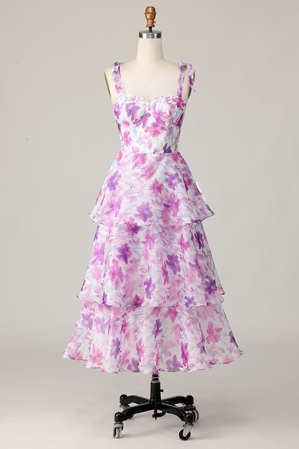 Lila Blume A Linie Gestuftes Langes Hochzeitsgastkleid mit Trägern Schleifen