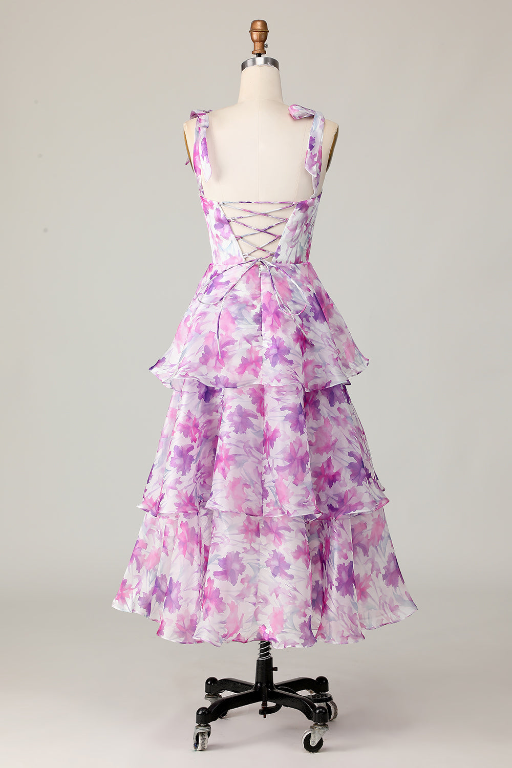 Lila Blume A Linie Gestuftes Langes Hochzeitsgastkleid mit Trägern Schleifen