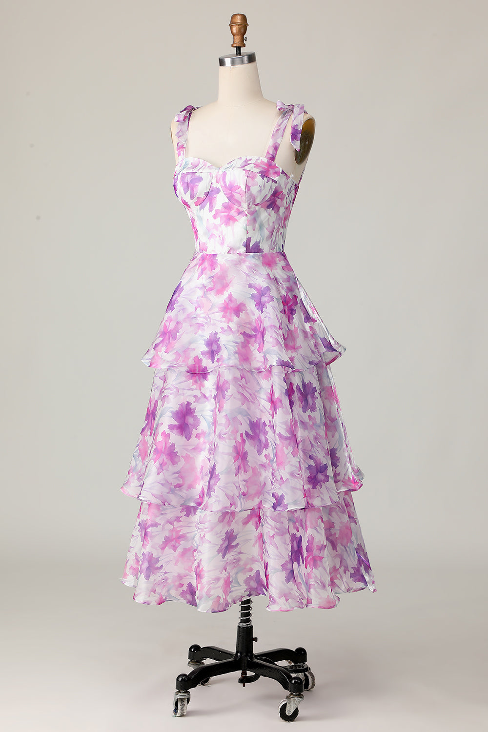 Lila Blume A Linie Gestuftes Langes Hochzeitsgastkleid mit Trägern Schleifen