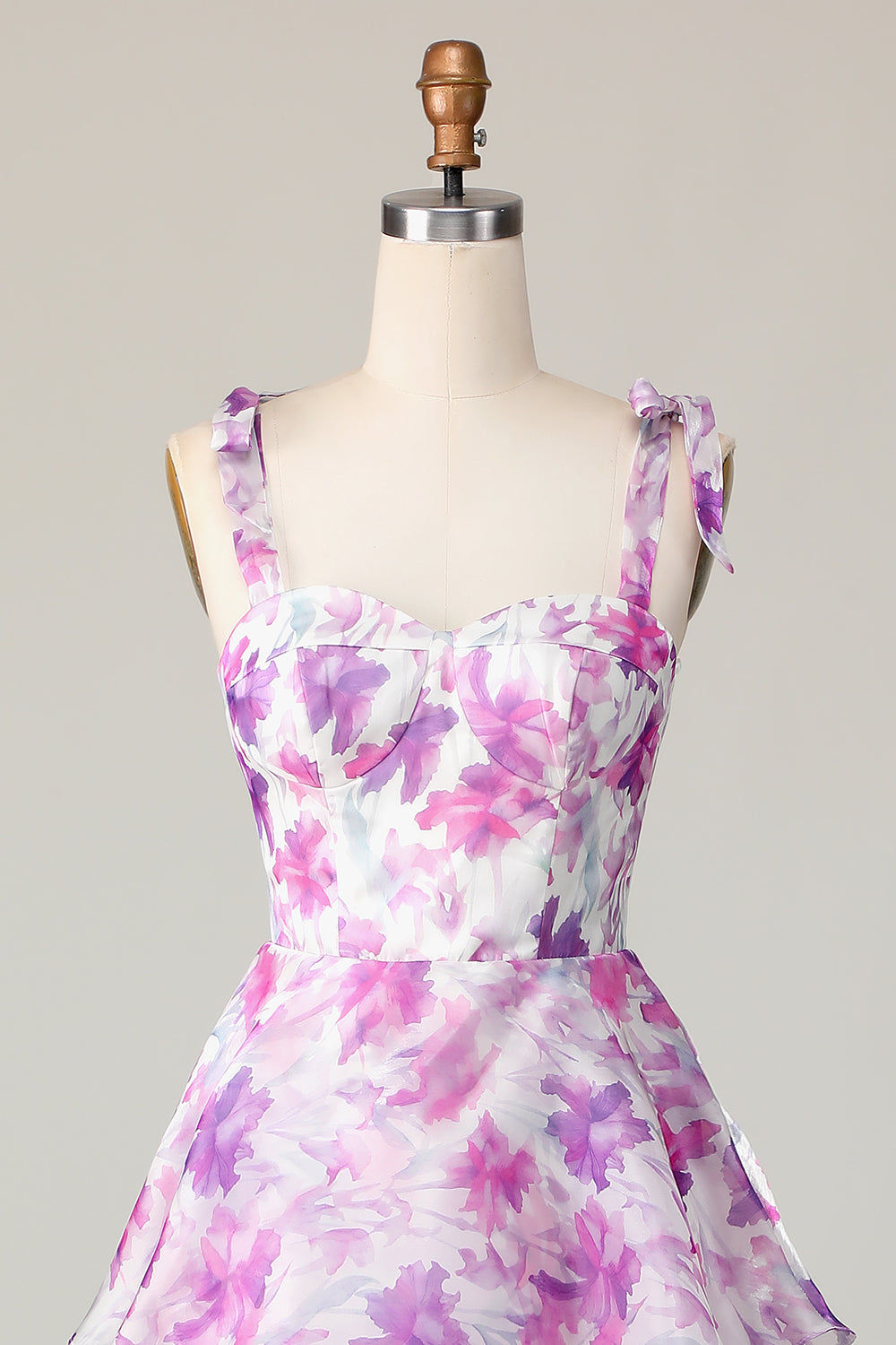 Lila Blume A Linie Gestuftes Langes Hochzeitsgastkleid mit Trägern Schleifen