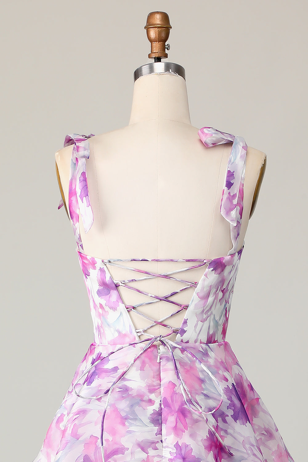 Lila Blume A Linie Gestuftes Langes Hochzeitsgastkleid mit Trägern Schleifen