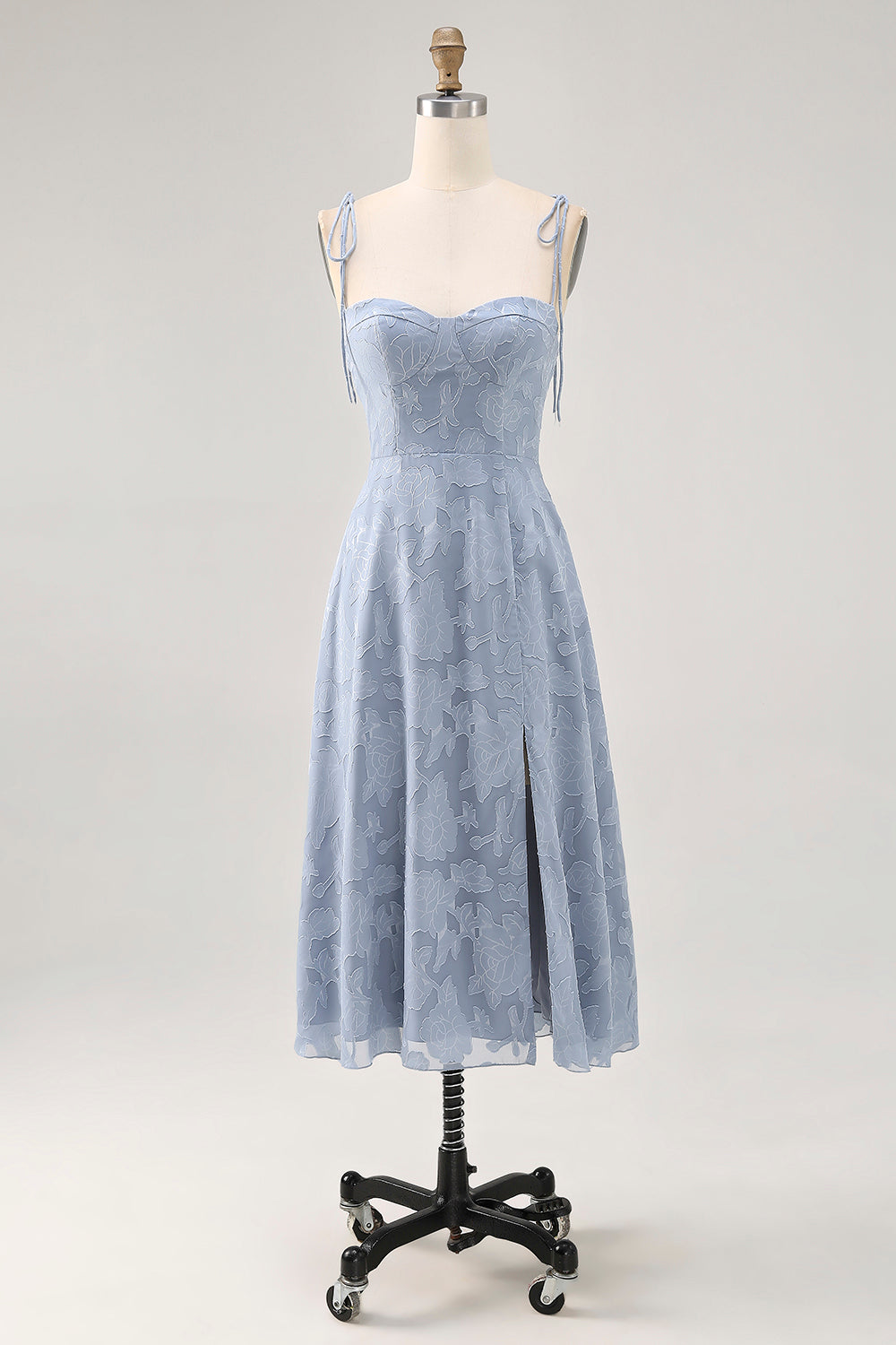 Staubblaues A Linie Midi Spaghettiträger Hochzeitsgastkleid mit Schlitz