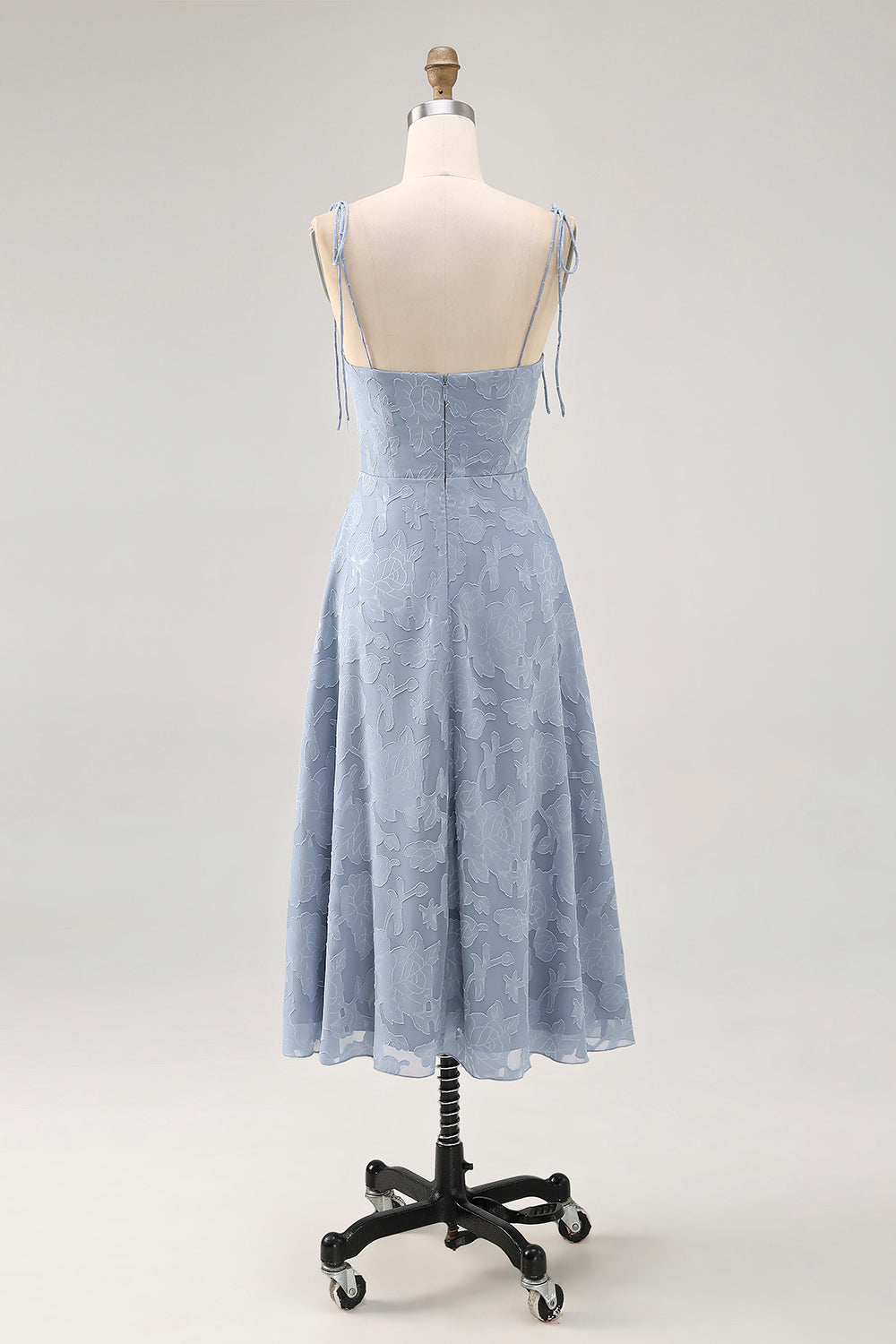 Staubblaues A Linie Midi Spaghettiträger Hochzeitsgastkleid mit Schlitz