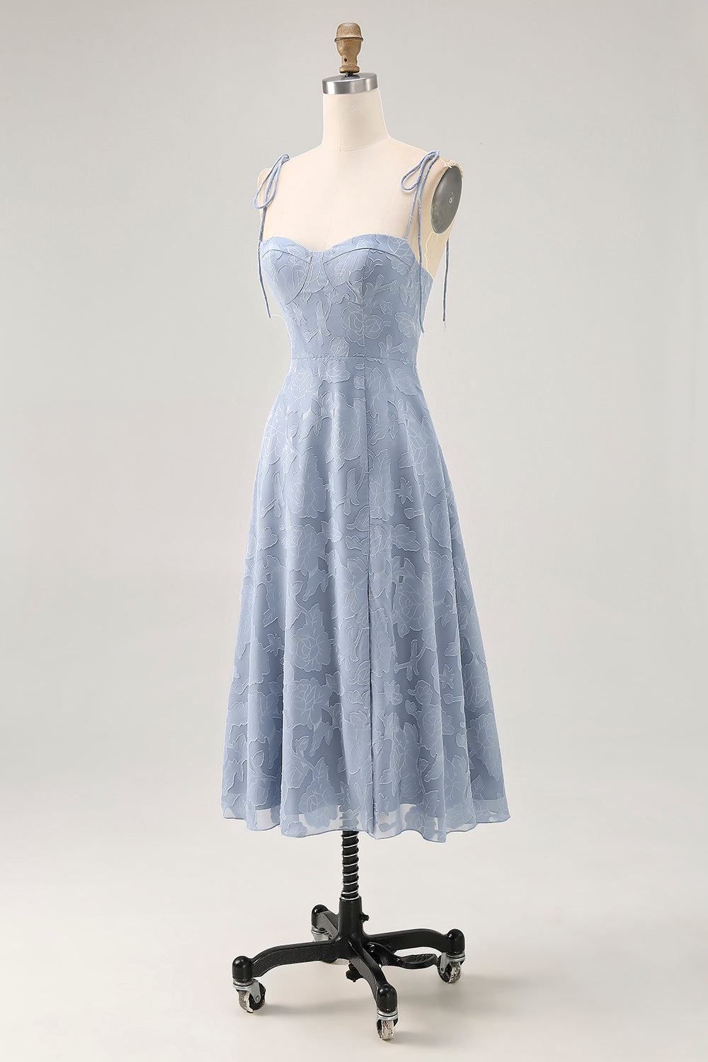 Staubblaues A Linie Midi Spaghettiträger Hochzeitsgastkleid mit Schlitz